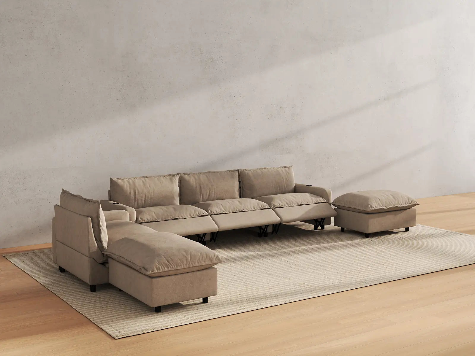 Modular Cero Sectional with Recliner and Chaise | 6-Piece Khaki Linen Home Living Corner Sectionals 4-Seater with 2-Ottomans