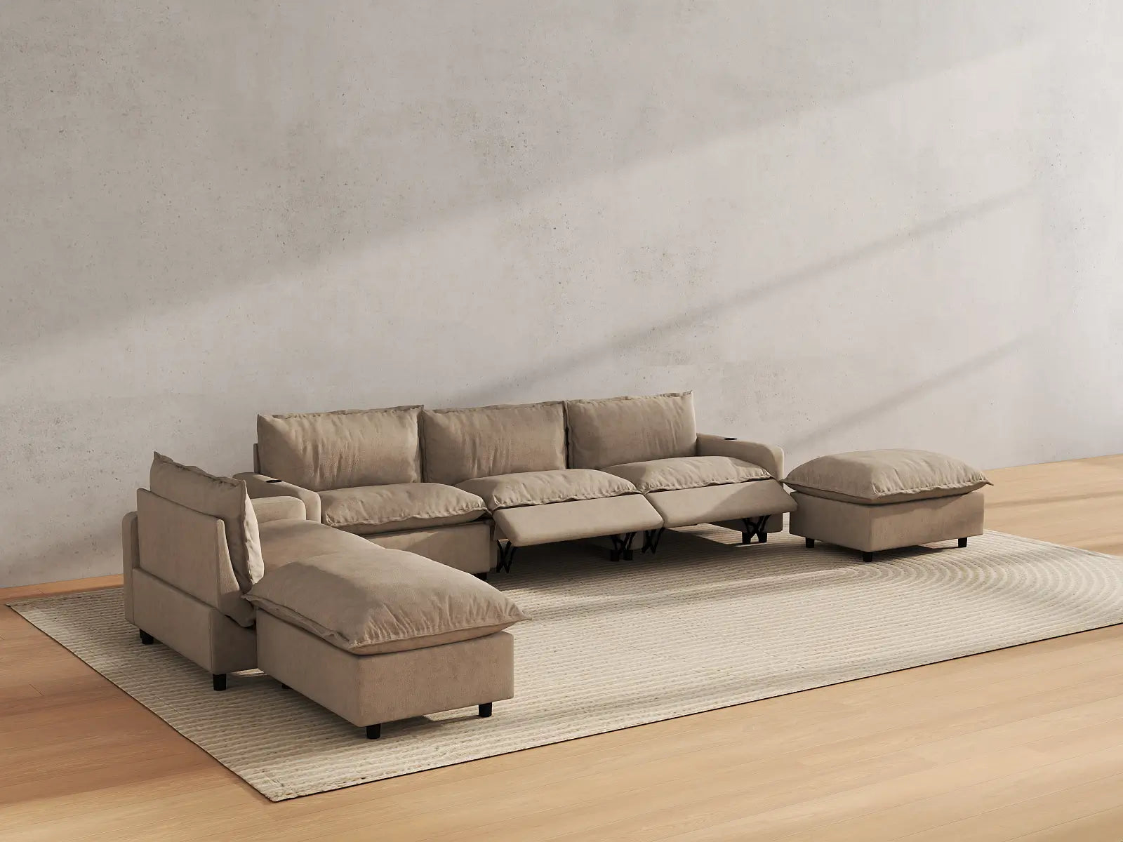 Modular Cero Sectional with Recliner and Chaise | 6-Piece Khaki Linen Home Living Corner Sectionals 4-Seater with 2-Ottomans