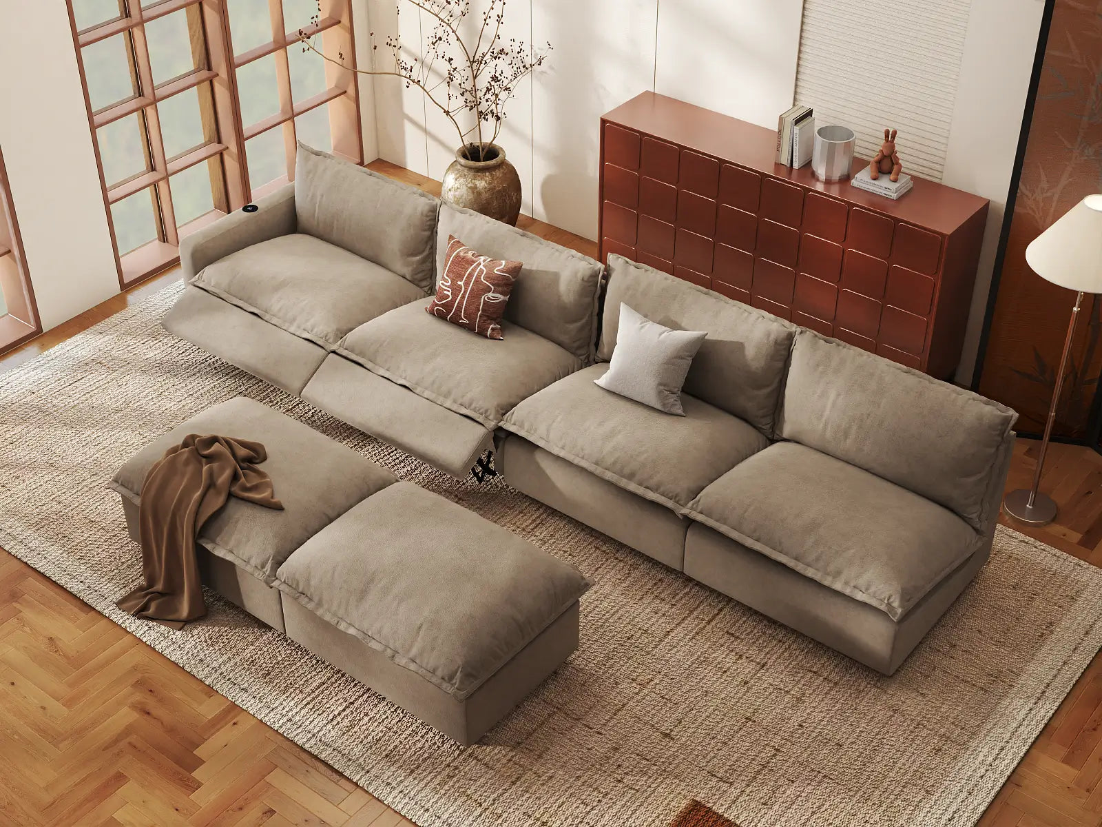 Modular Cero Reclining Sofa Set | 6-Piece Khaki Linen Large Space Sofa Sets 4-Seater with 2-Ottomans