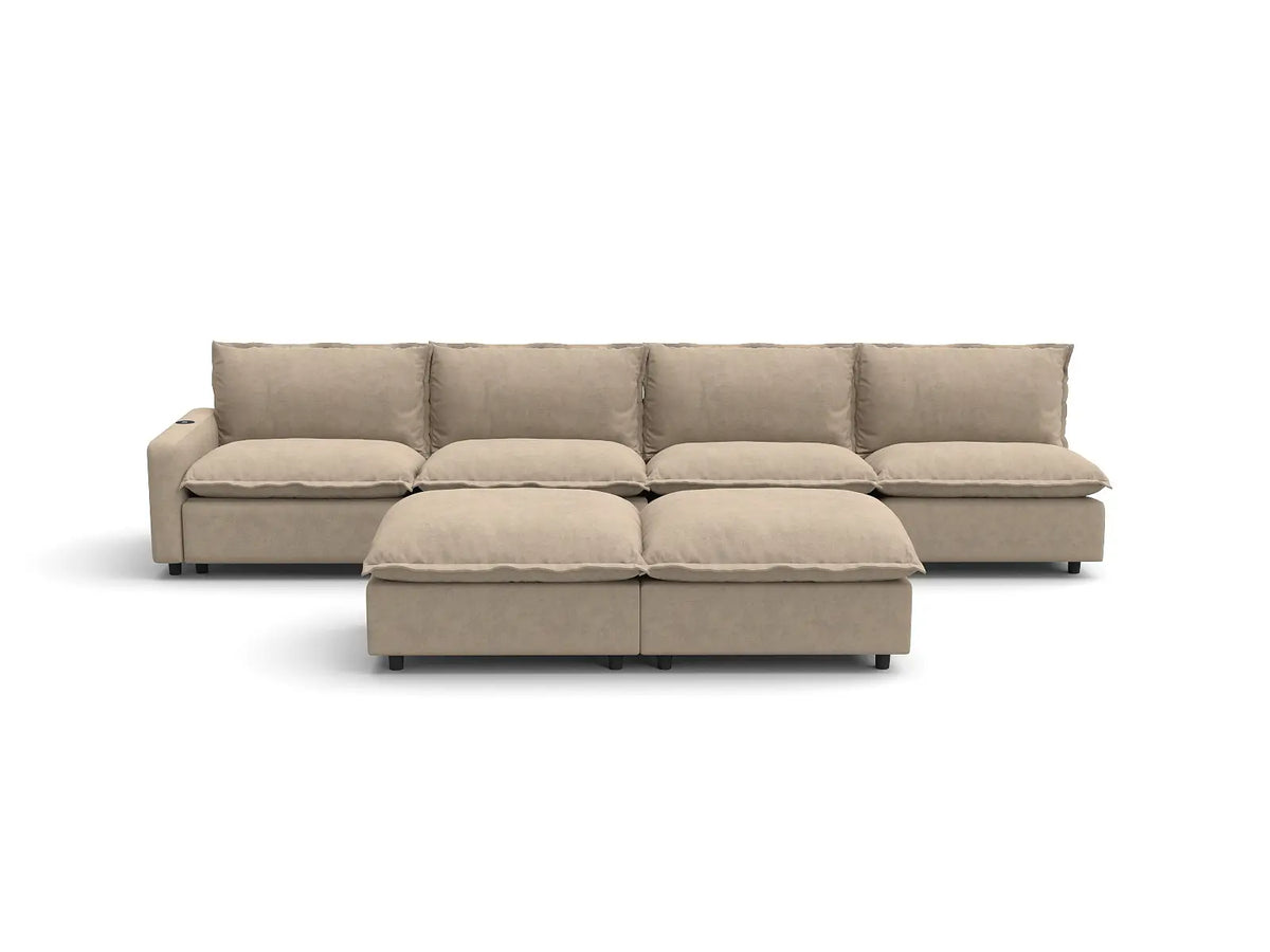 Modular Cero Reclining Sectionals | 6-Piece Khaki Linen Large Space Sofa Sets 4-Seater with 2-Ottomans