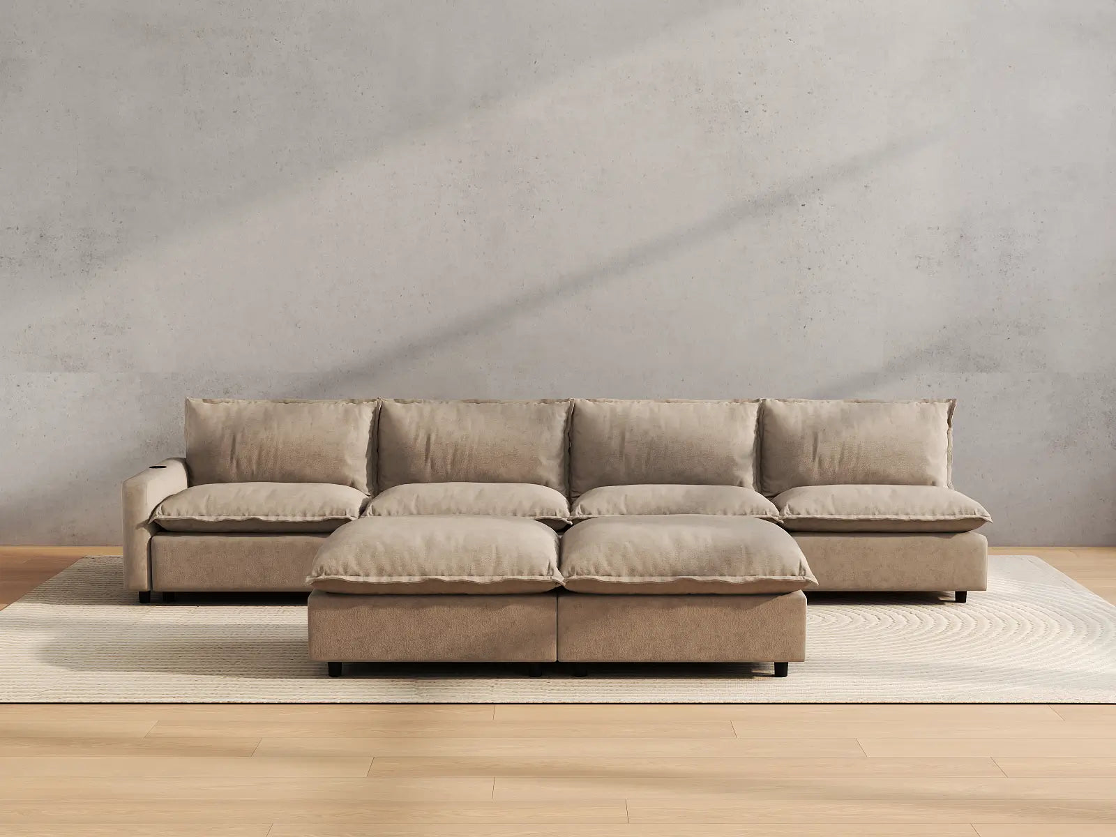 Modular Cero Reclining Sofa Set | 6-Piece Khaki Linen Large Space Sofa Sets 4-Seater with 2-Ottomans