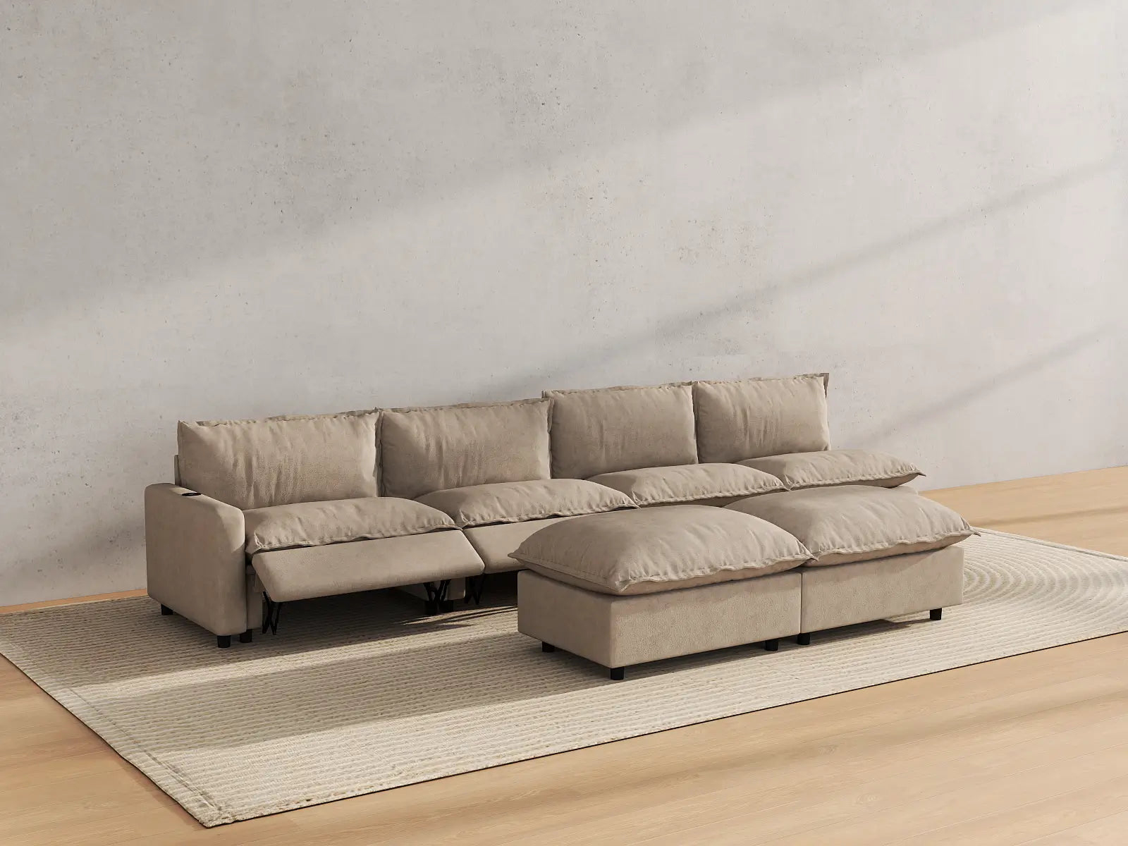 Modular Cero Reclining Sofa Set | 6-Piece Khaki Linen Large Space Sofa Sets 4-Seater with 2-Ottomans