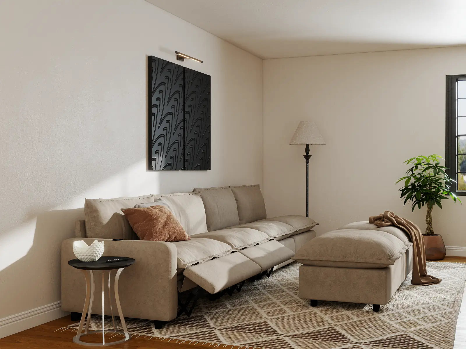Modular Cero Reclining Sofa Set | 6-Piece Khaki Linen Large Space Sofa Sets 4-Seater with 2-Ottomans