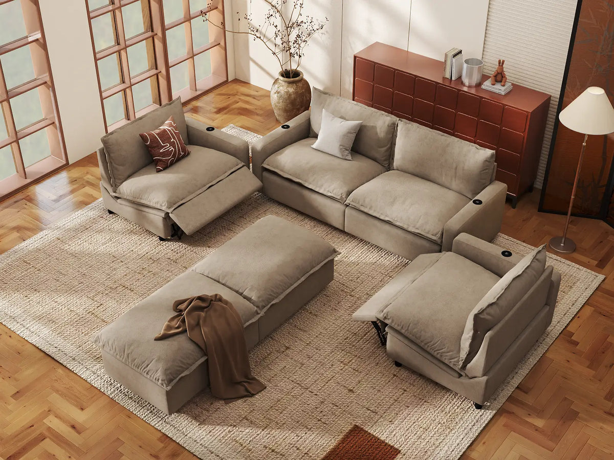 Modular Cero Reclining Sectionals | 6-Piece Khaki Linen Large Space U-Shaped Sectionals 4-Seater with 2-Ottomans