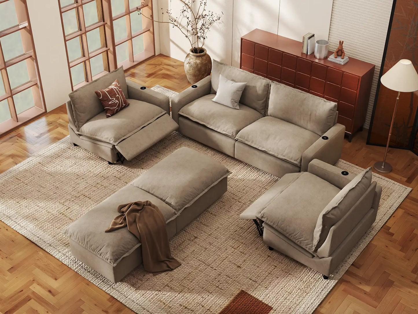 Modular Cero Reclining Sectionals | 6-Piece Khaki Linen Large Space U-Shaped Sectionals 4-Seater with 2-Ottomans