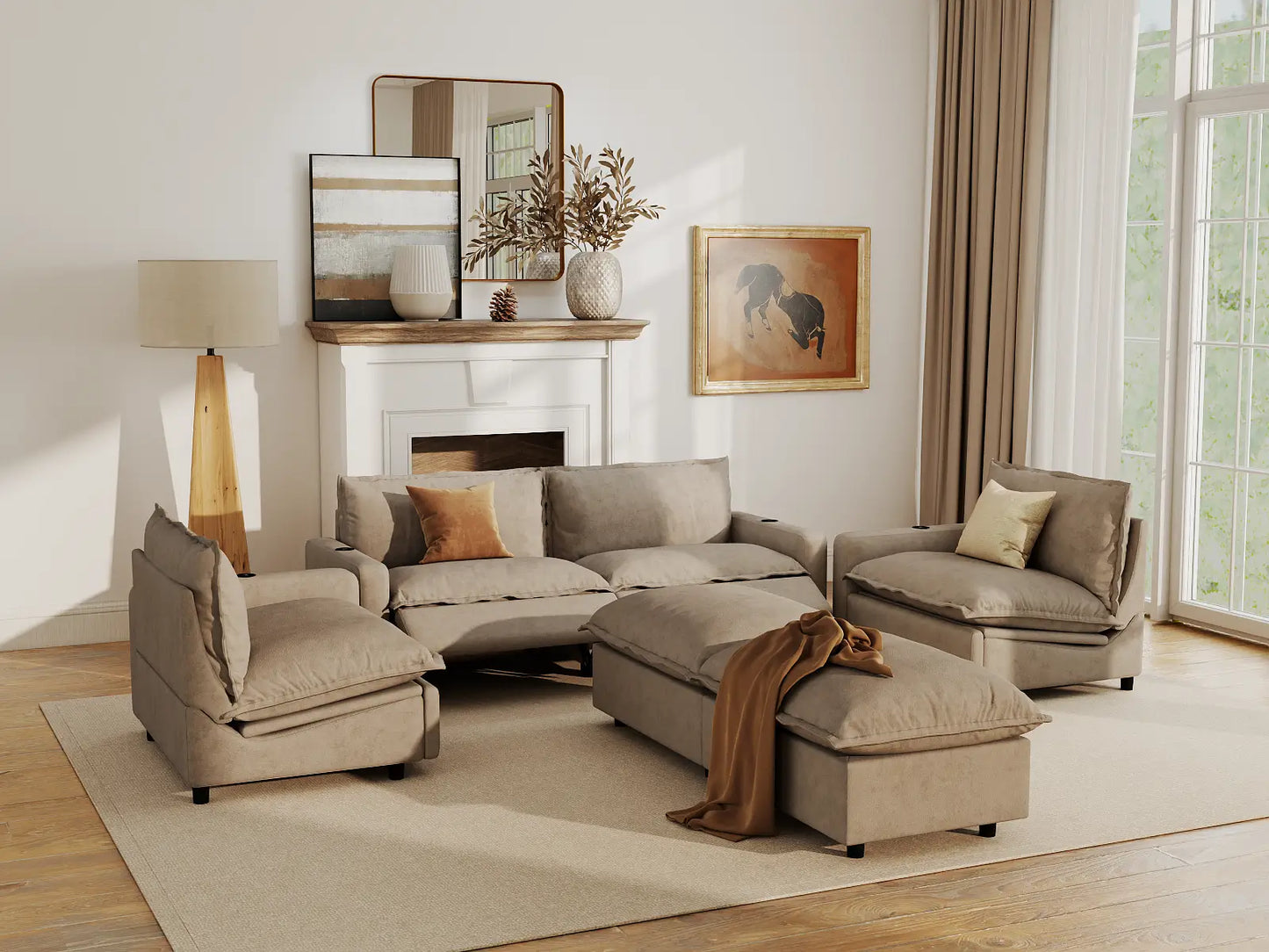 Modular Cero Reclining Sectionals | 6-Piece Khaki Linen Large Space U-Shaped Sectionals 4-Seater with 2-Ottomans