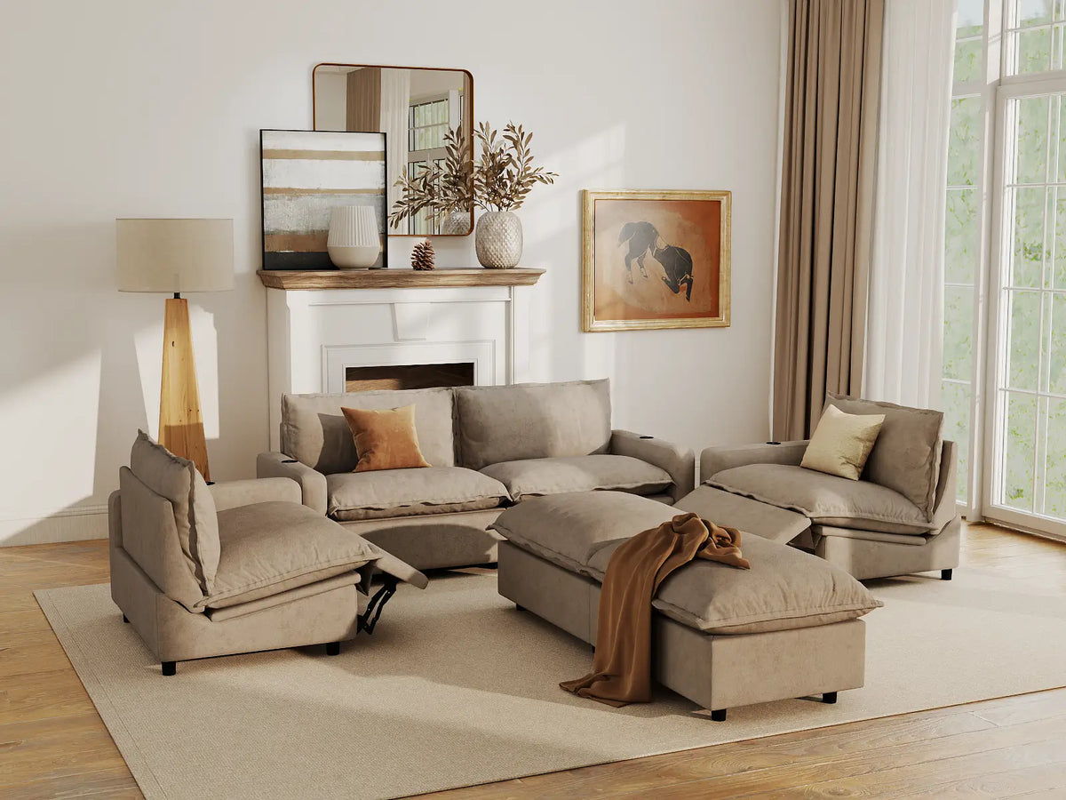 Modular Cero Reclining Sectionals | 6-Piece Khaki Linen Large Space U-Shaped Sectionals 4-Seater with 2-Ottomans