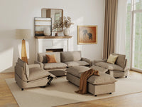 Modular Cero Reclining Sectionals | 6-Piece Khaki Linen Large Space U-Shaped Sectionals 4-Seater with 2-Ottomans