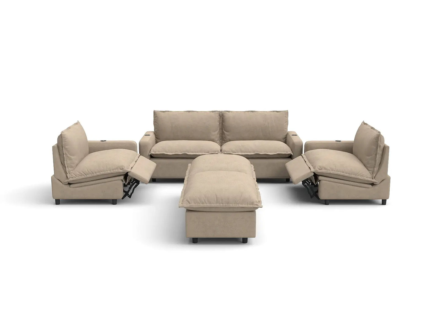 Modular Cero Reclining Sectionals | 6-Piece Khaki Linen Large Space U-Shaped Sectionals 4-Seater with 2-Ottomans