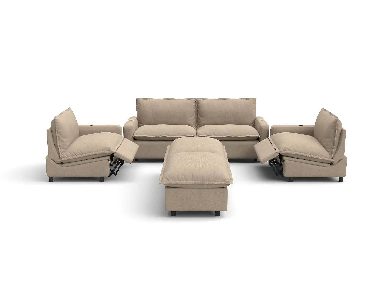 Modular Cero Sectional Sofa with Chaise and Recliner | 6-Piece Khaki Linen Large Space U-Shaped Sectionals 4-Seater with 2-Ottomans