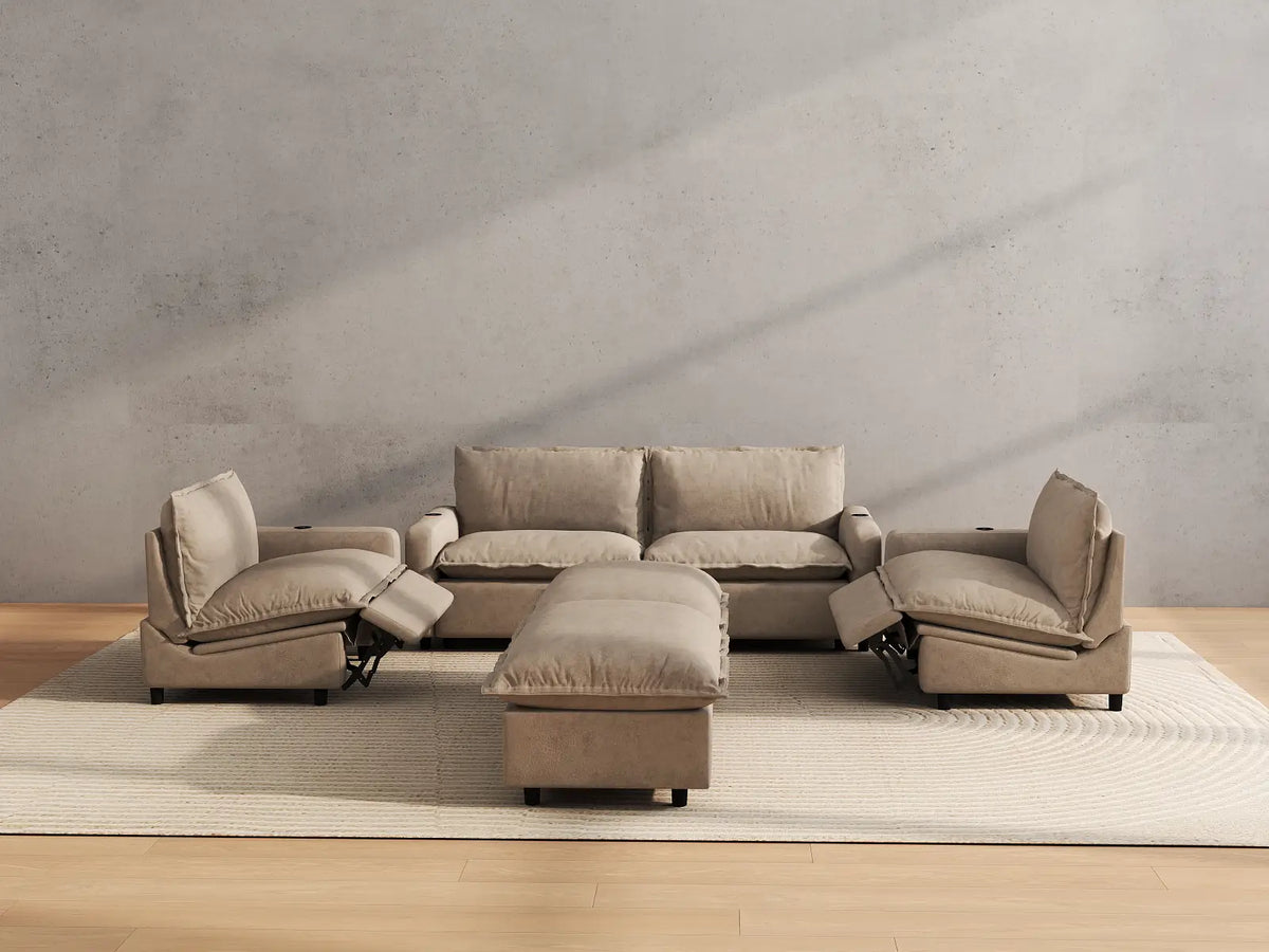 Modular Cero Reclining Sectionals | 6-Piece Khaki Linen Large Space U-Shaped Sectionals 4-Seater with 2-Ottomans