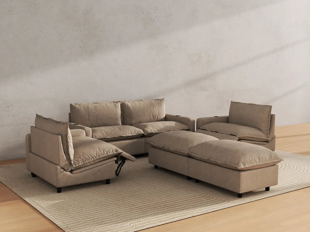 Modular Cero Reclining Sectionals | 6-Piece Khaki Linen Large Space U-Shaped Sectionals 4-Seater with 2-Ottomans