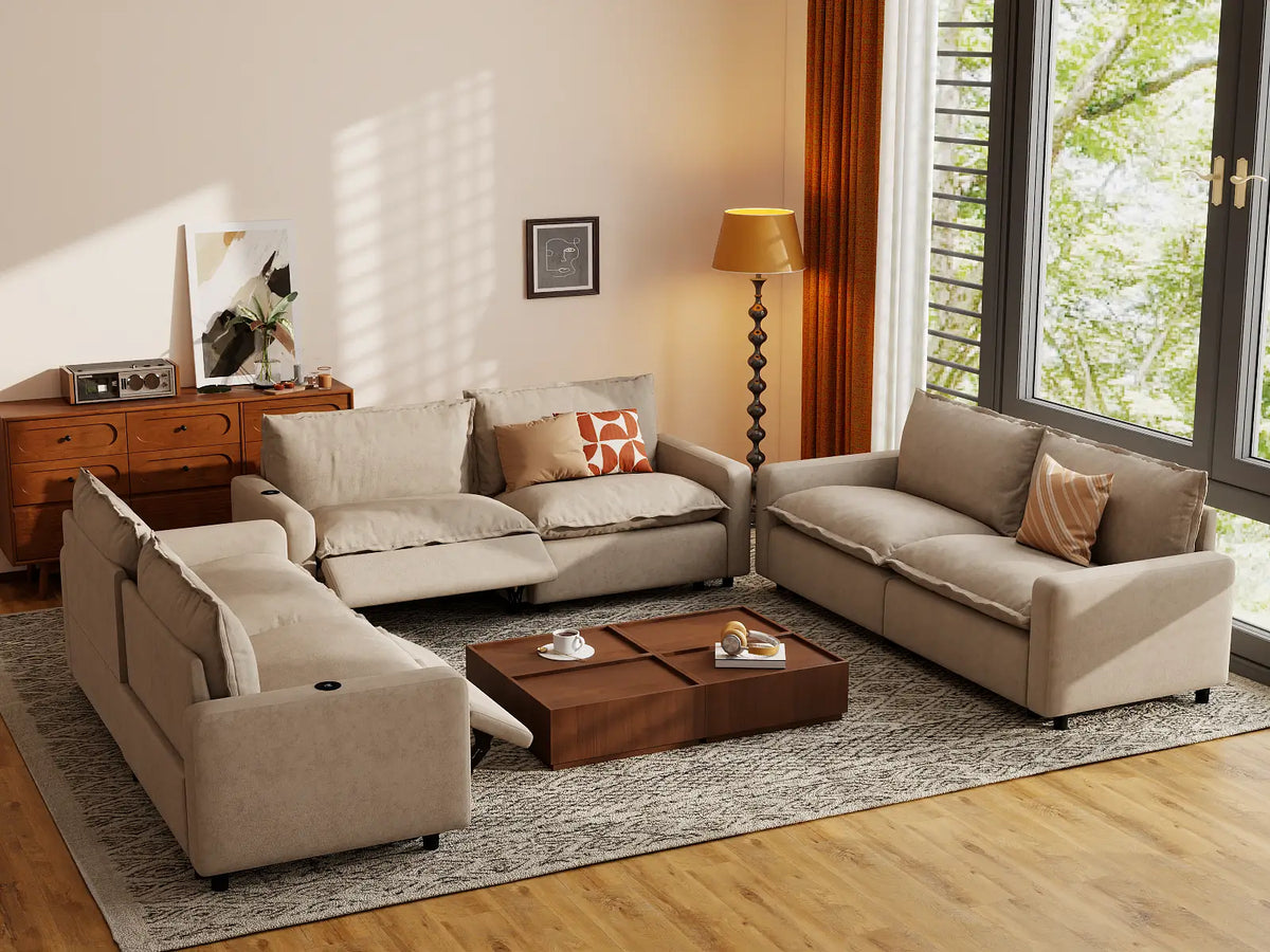 Modular Cero Reclining Sectionals | 6-Piece Khaki Linen Large Space U-Shaped Sectionals 6-Seater