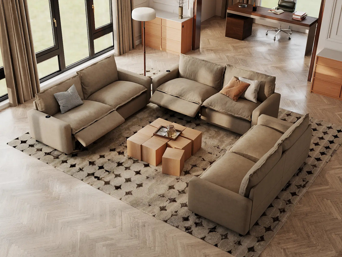Modular Cero Reclining Sectionals | 6-Piece Khaki Linen Large Space U-Shaped Sectionals 6-Seater
