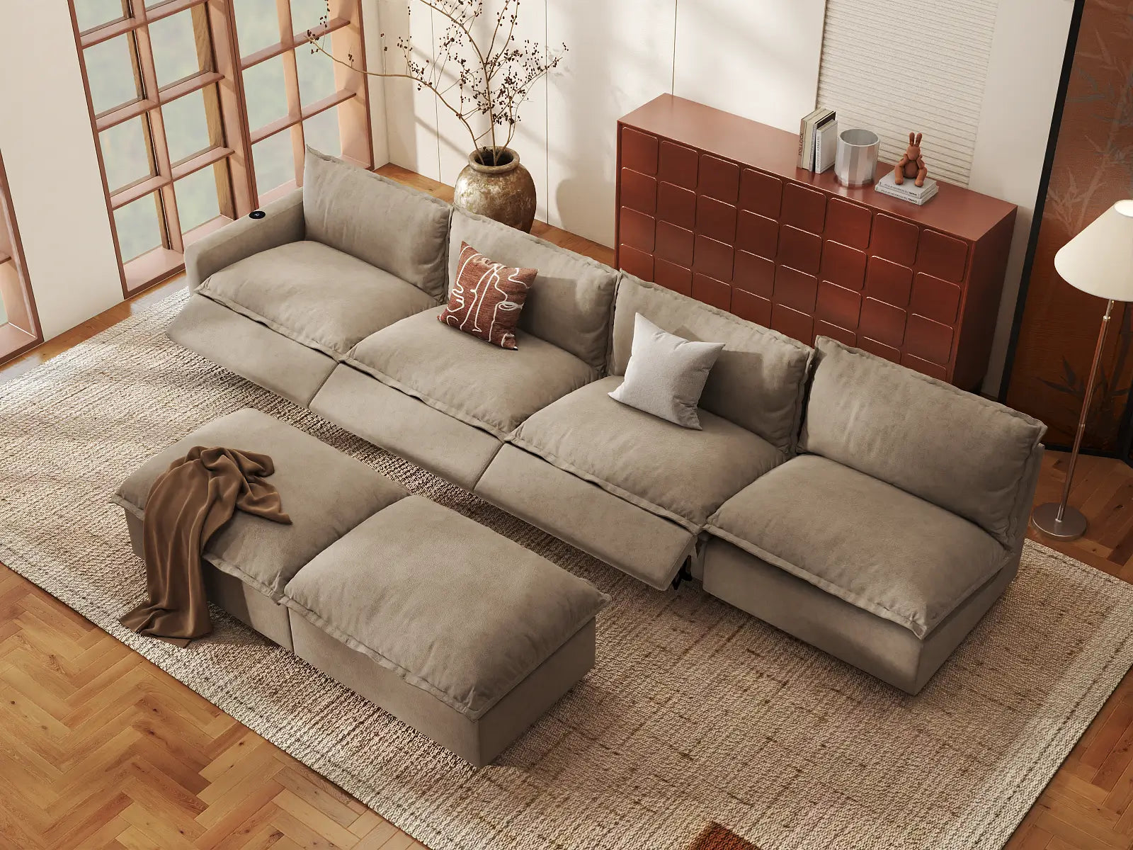 Modular Cero Sofa Set Recliner | 6-Piece Khaki Linen Open Plan Sofa Sets 4-Seater with 2-Ottomans