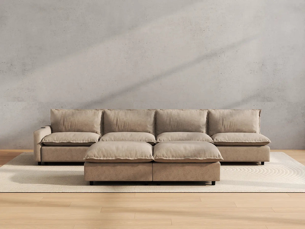 Modular Cero Reclining Sectionals | 6-Piece Khaki Linen Open Plan Sofa Sets 4-Seater with 2-Ottomans