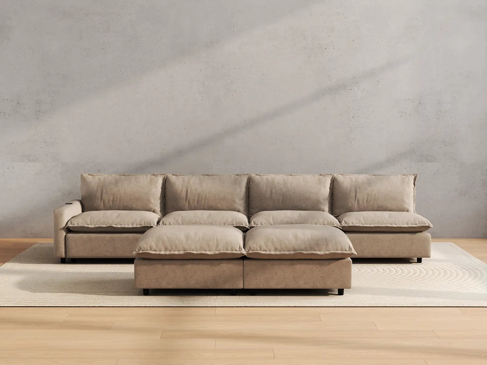 Modular Cero Sofa Set Recliner | 6-Piece Khaki Linen Open Plan Sofa Sets 4-Seater with 2-Ottomans
