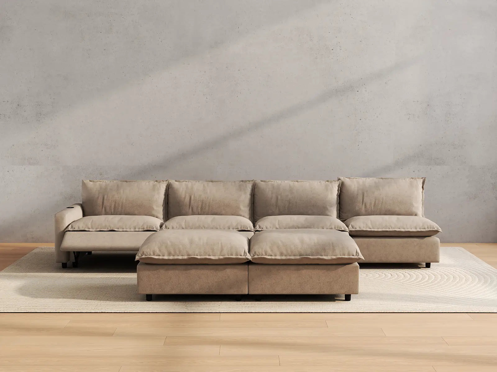 Modular Cero Sofa Set Recliner | 6-Piece Khaki Linen Open Plan Sofa Sets 4-Seater with 2-Ottomans