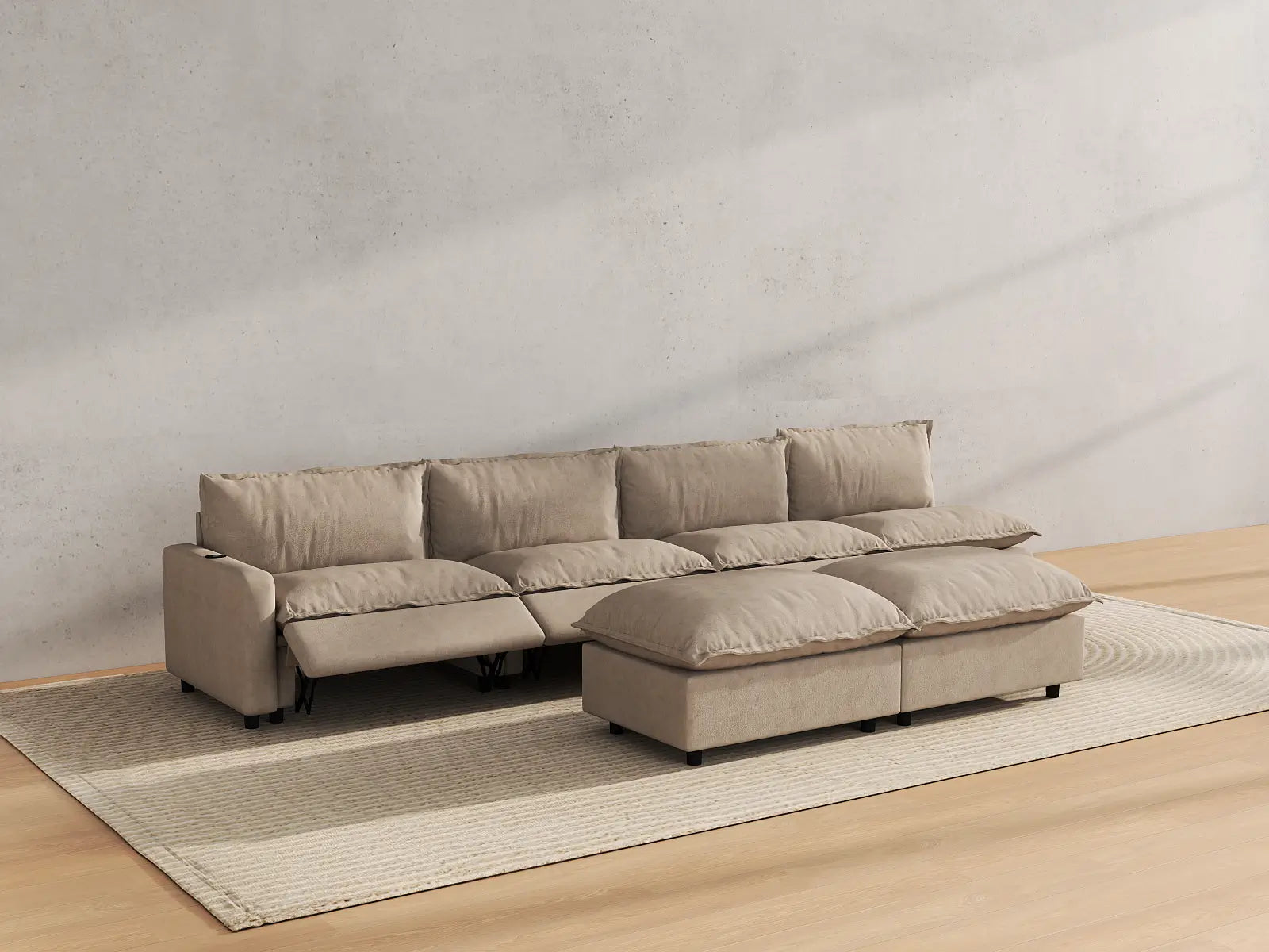 Modular Cero Sofa Set Recliner | 6-Piece Khaki Linen Open Plan Sofa Sets 4-Seater with 2-Ottomans