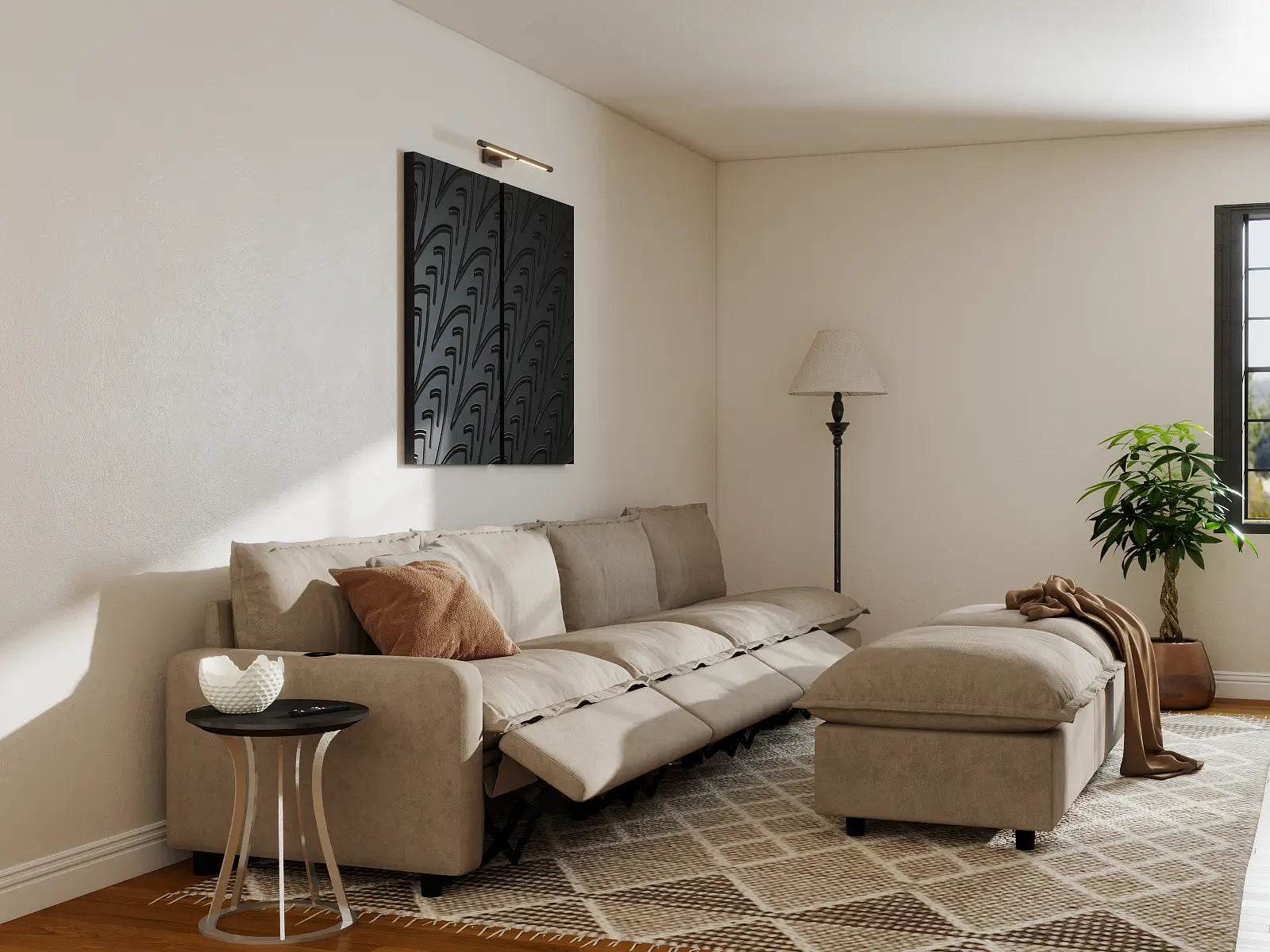 Modular Cero Sofa Set Recliner | 6-Piece Khaki Linen Open Plan Sofa Sets 4-Seater with 2-Ottomans