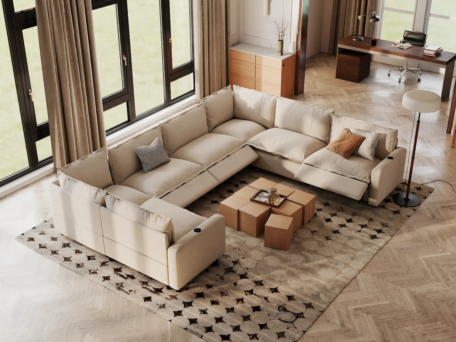 Modular Cero Recliner Couch Sectional | 7-Piece Beige Linen Grand Estate U-Shaped Sectionals 7-Seater