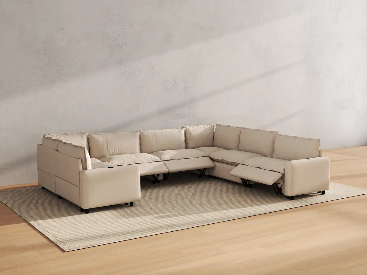 Modular Cero Reclining Sectionals | 7-Piece Beige Linen Grand Estate U-Shaped Sectionals 7-Seater