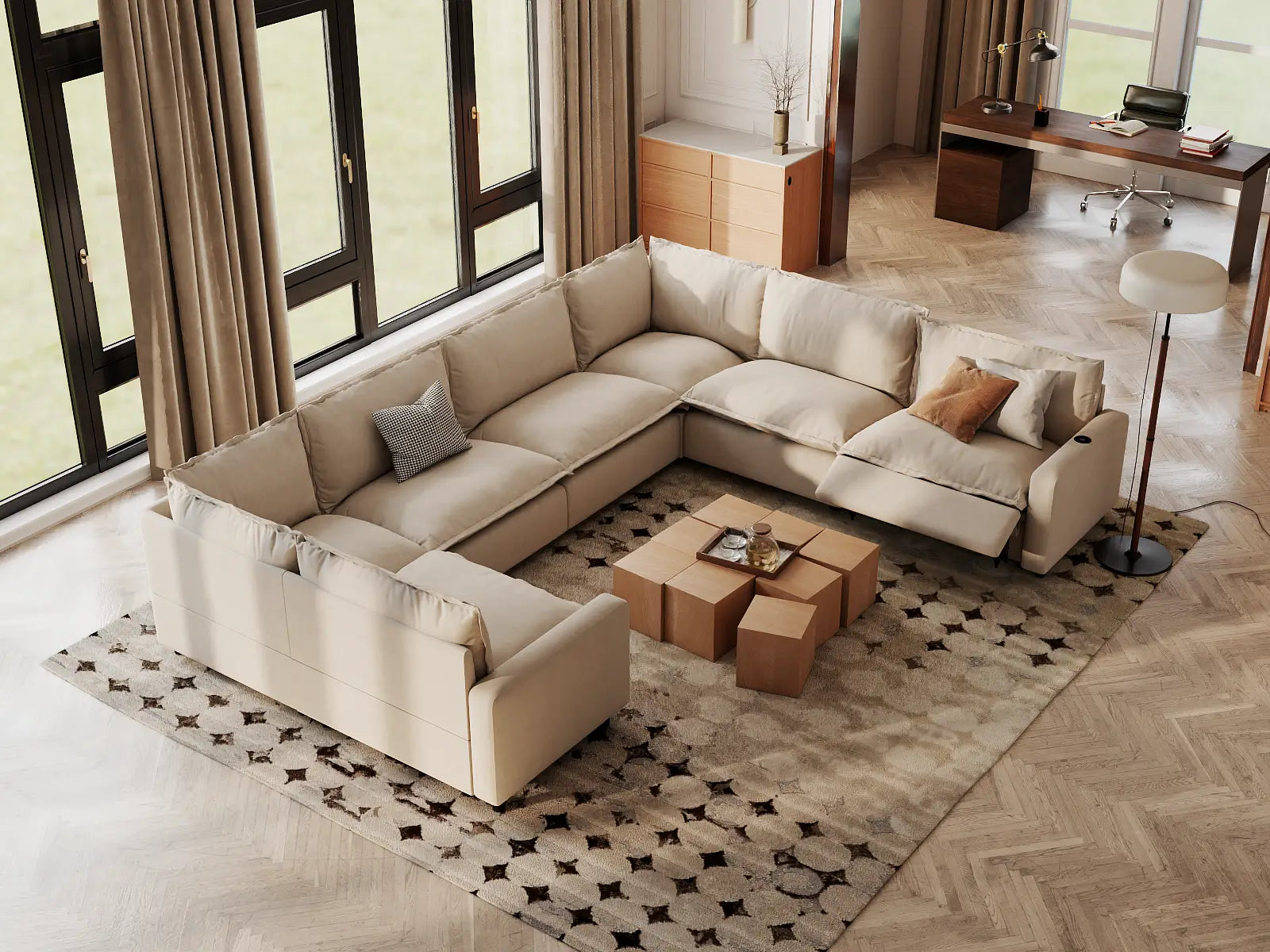 Modular Cero Sectional Reclining Couch | 7-Piece Beige Linen Grand Estate U-Shaped Sectionals 7-Seater
