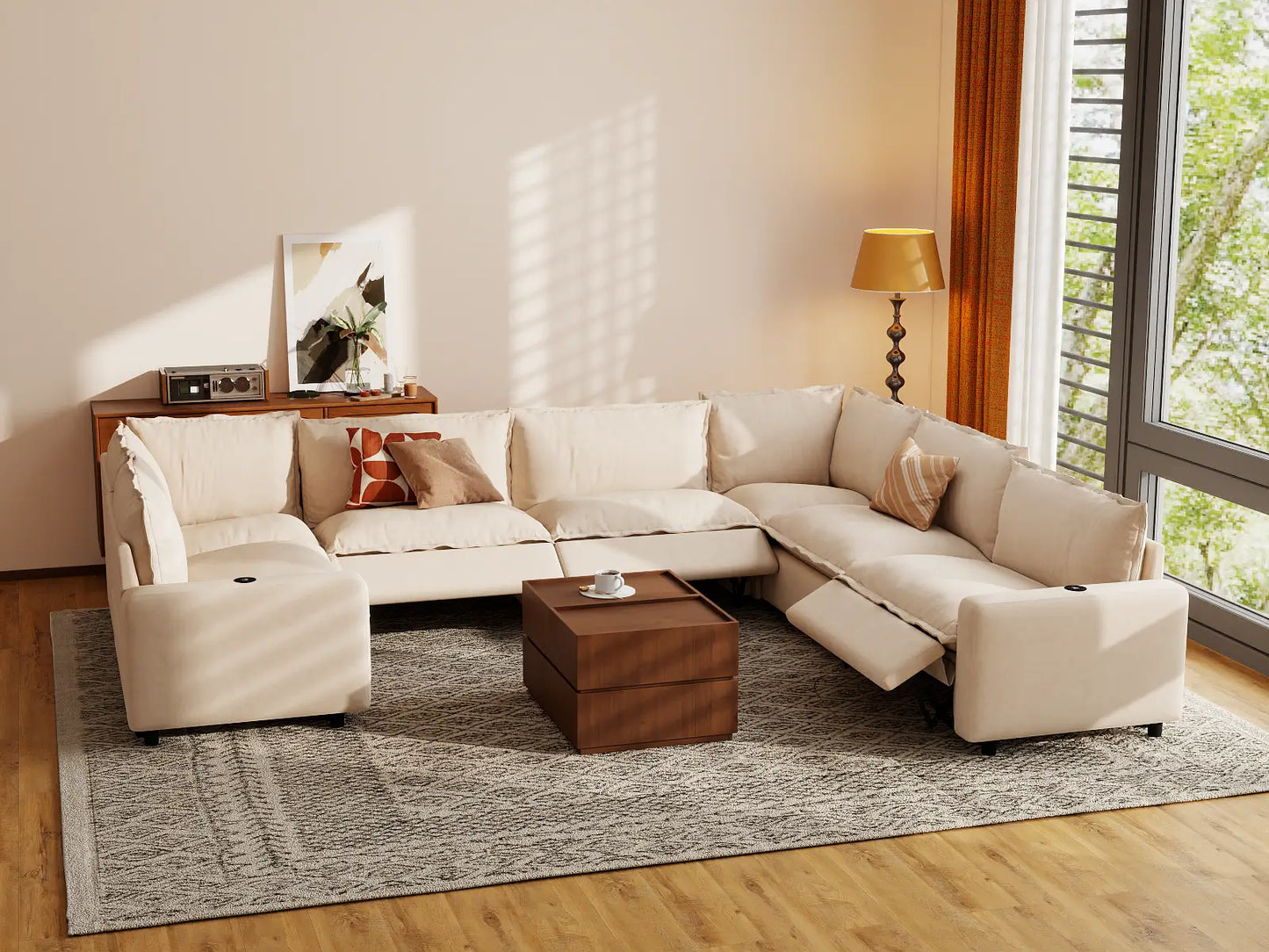 Modular Cero Reclining Sectionals | 7-Piece Beige Linen Grand Estate U-Shaped Sectionals 7-Seater