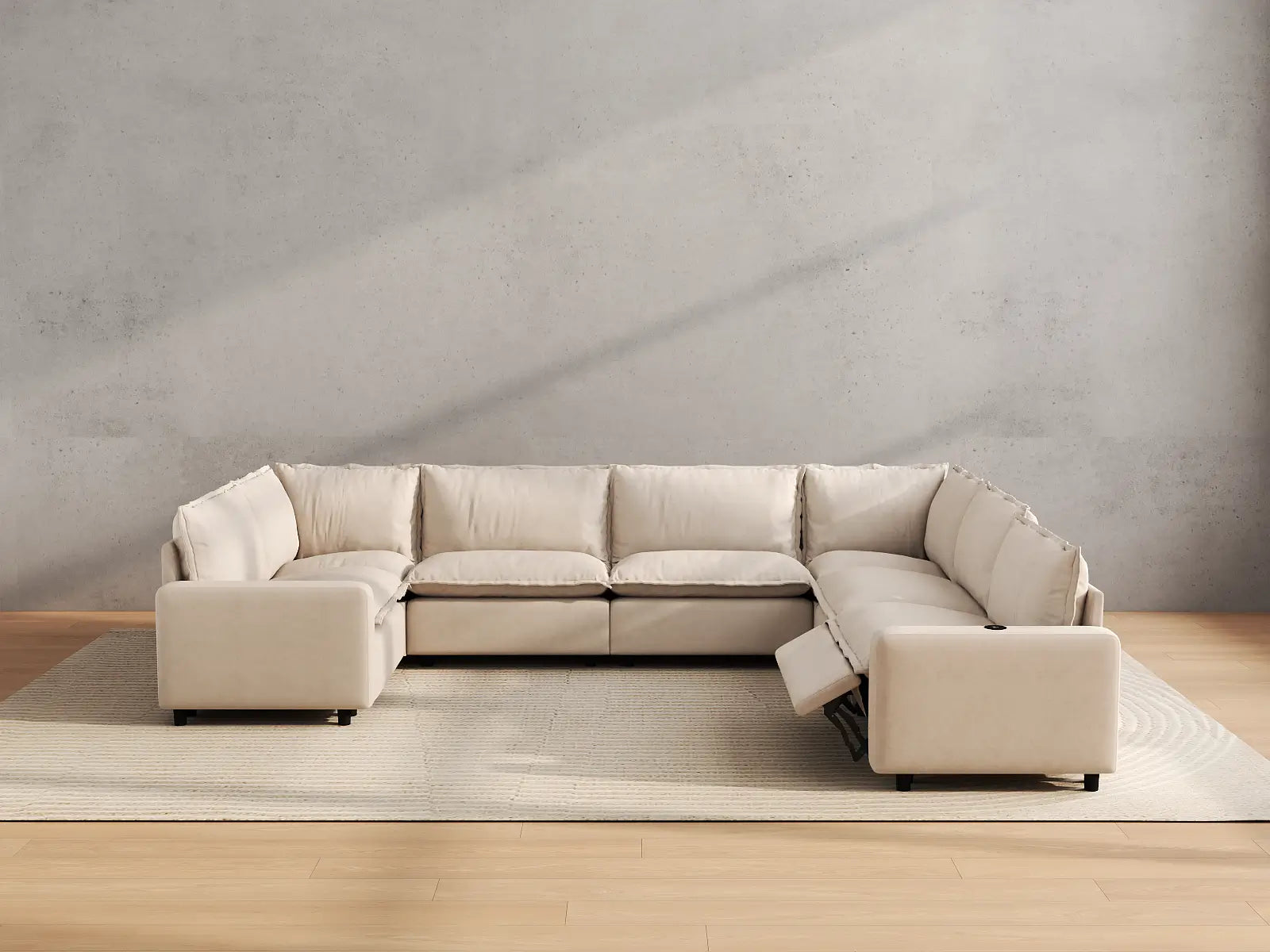Modular Cero Sectional Reclining Couch | 7-Piece Beige Linen Grand Estate U-Shaped Sectionals 7-Seater