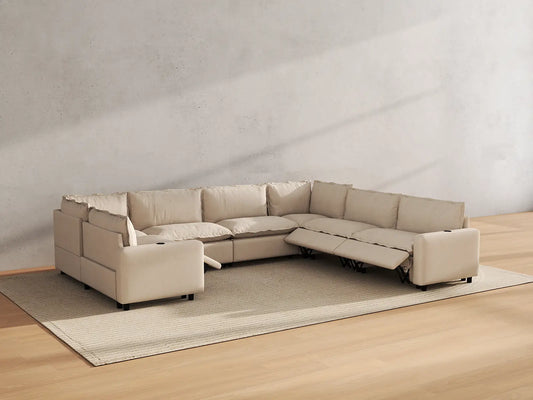 Modular Cero Reclining Sectionals | 7-Piece Beige Linen Grand Estate U-Shaped Sectionals 7-Seater