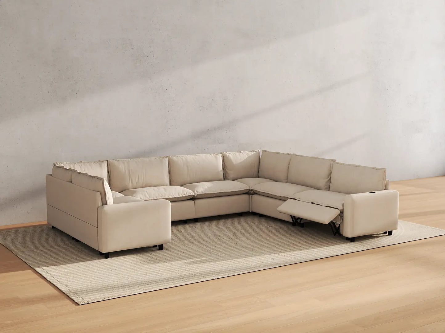 Modular Cero Sectional Reclining Couch | 7-Piece Beige Linen Grand Estate U-Shaped Sectionals 7-Seater