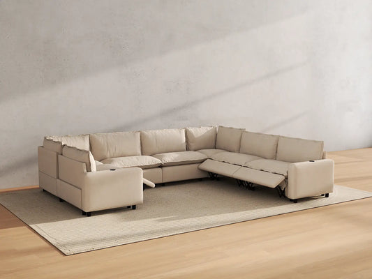 Modular Cero Reclining Sectionals | 7-Piece Beige Linen Grand Estate U-Shaped Sectionals 7-Seater