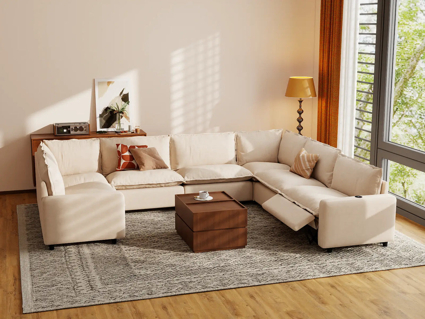 Modular Cero Sectional Reclining Couch | 7-Piece Beige Linen Grand Estate U-Shaped Sectionals 7-Seater