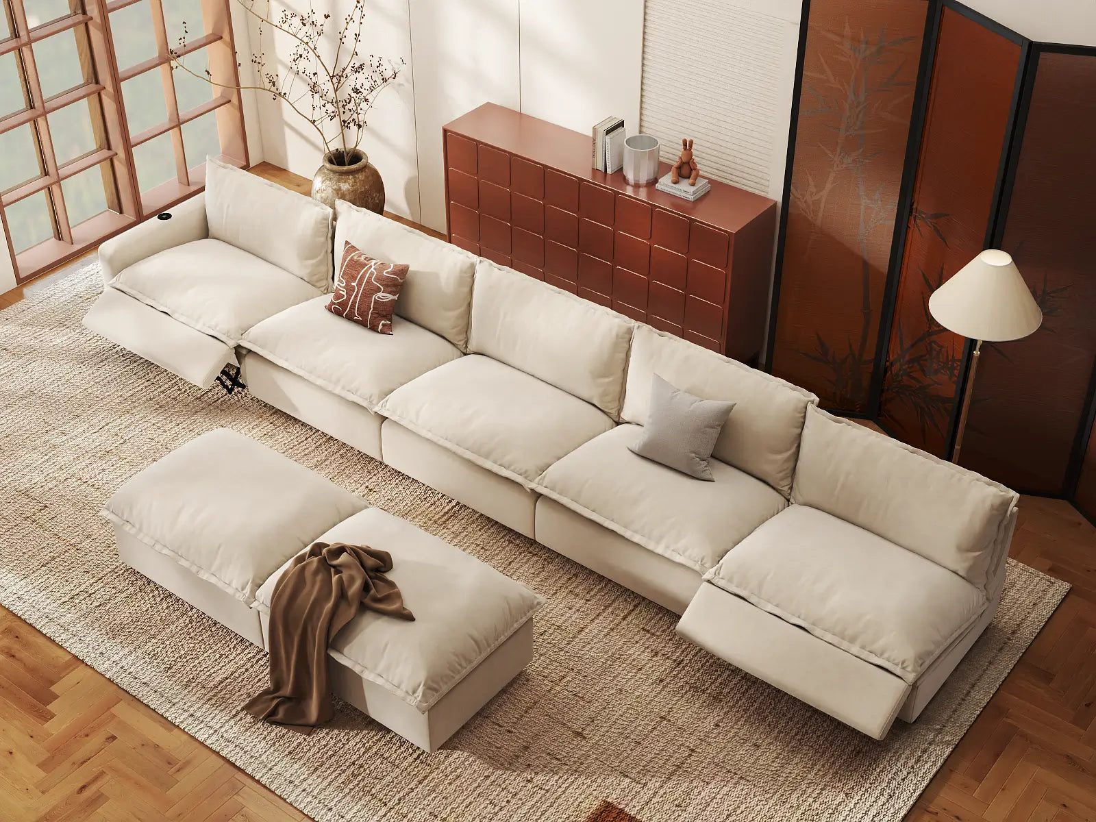 Modular Cero Sofa Recliner Set | 7-Piece Beige Linen Large Space Sofa Sets 5-Seater with 2-Ottomans