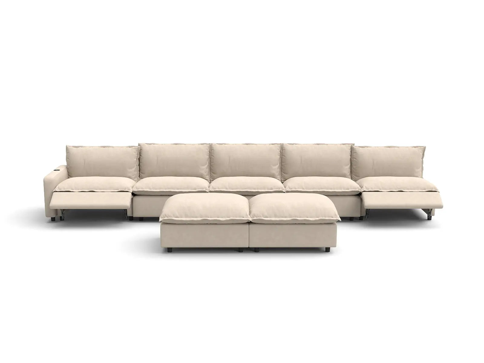 Modular Cero Sofa Recliner Set | 7-Piece Beige Linen Large Space Sofa Sets 5-Seater with 2-Ottomans