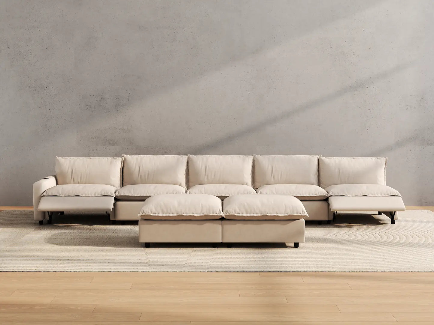 Modular Cero Sofa Recliner Set | 7-Piece Beige Linen Large Space Sofa Sets 5-Seater with 2-Ottomans