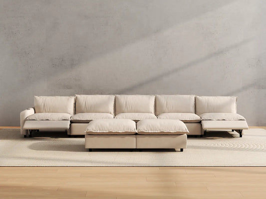 Modular Cero Reclining Sectionals | 7-Piece Beige Linen Large Space Sofa Sets 5-Seater with 2-Ottomans