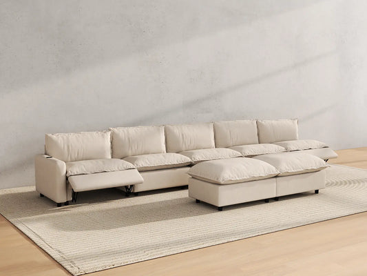 Modular Cero Reclining Sectionals | 7-Piece Beige Linen Large Space Sofa Sets 5-Seater with 2-Ottomans