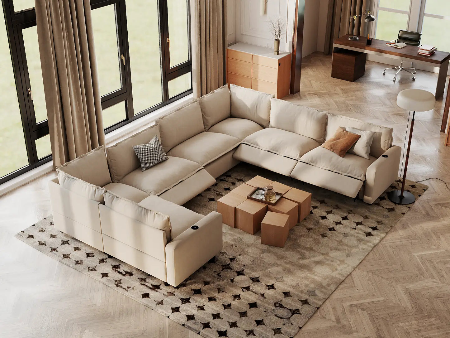 Modular Cero Reclining Sectionals | 7-Piece Beige Linen Large Space U-Shaped Sectionals 7-Seater