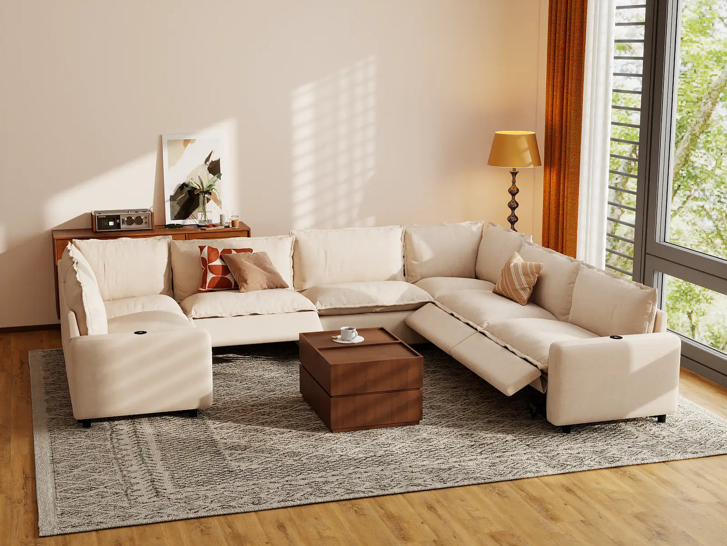 Modular Cero Reclining Sectionals | 7-Piece Beige Linen Large Space U-Shaped Sectionals 7-Seater