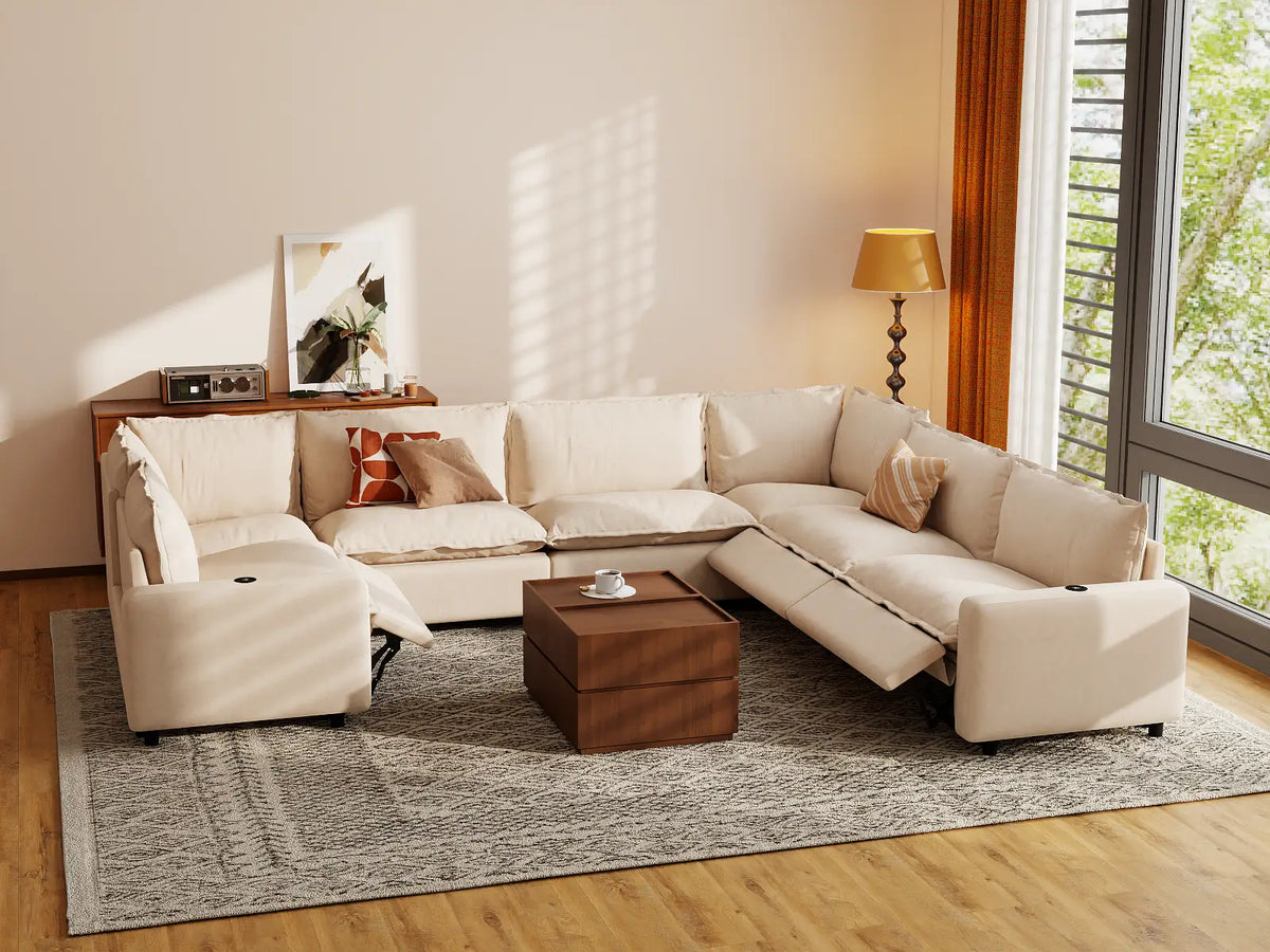 Modular Cero Reclining Sectionals | 7-Piece Beige Linen Large Space U-Shaped Sectionals 7-Seater