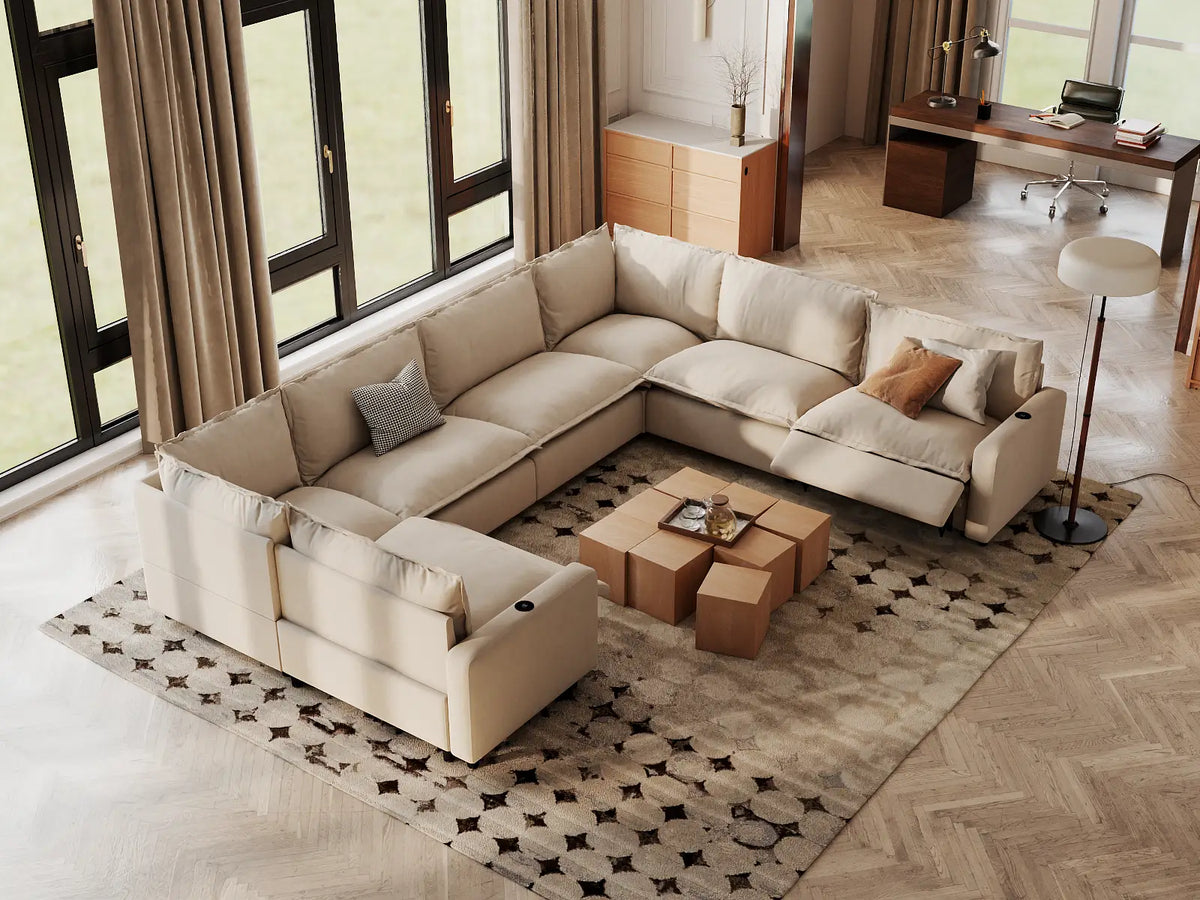 Modular Cero Reclining Sectionals | 7-Piece Beige Linen Large Space U-Shaped Sectionals 7-Seater