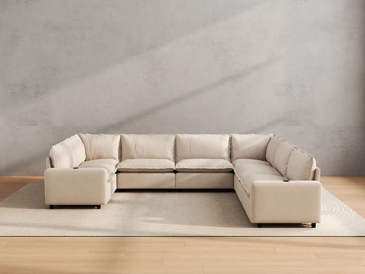 Modular Cero Reclining Sectionals | 7-Piece Beige Linen Large Space U-Shaped Sectionals 7-Seater