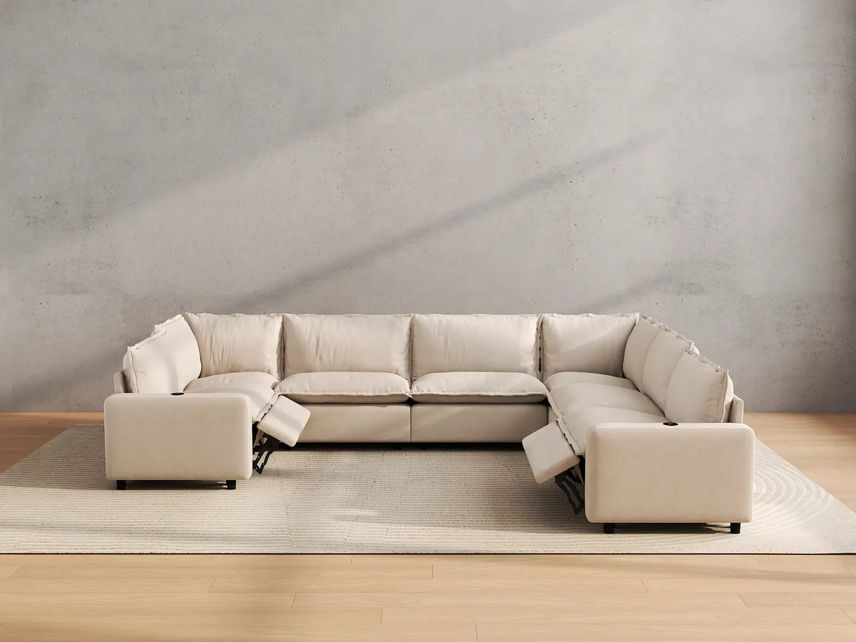 Modular Cero Reclining Sectionals | 7-Piece Beige Linen Large Space U-Shaped Sectionals 7-Seater