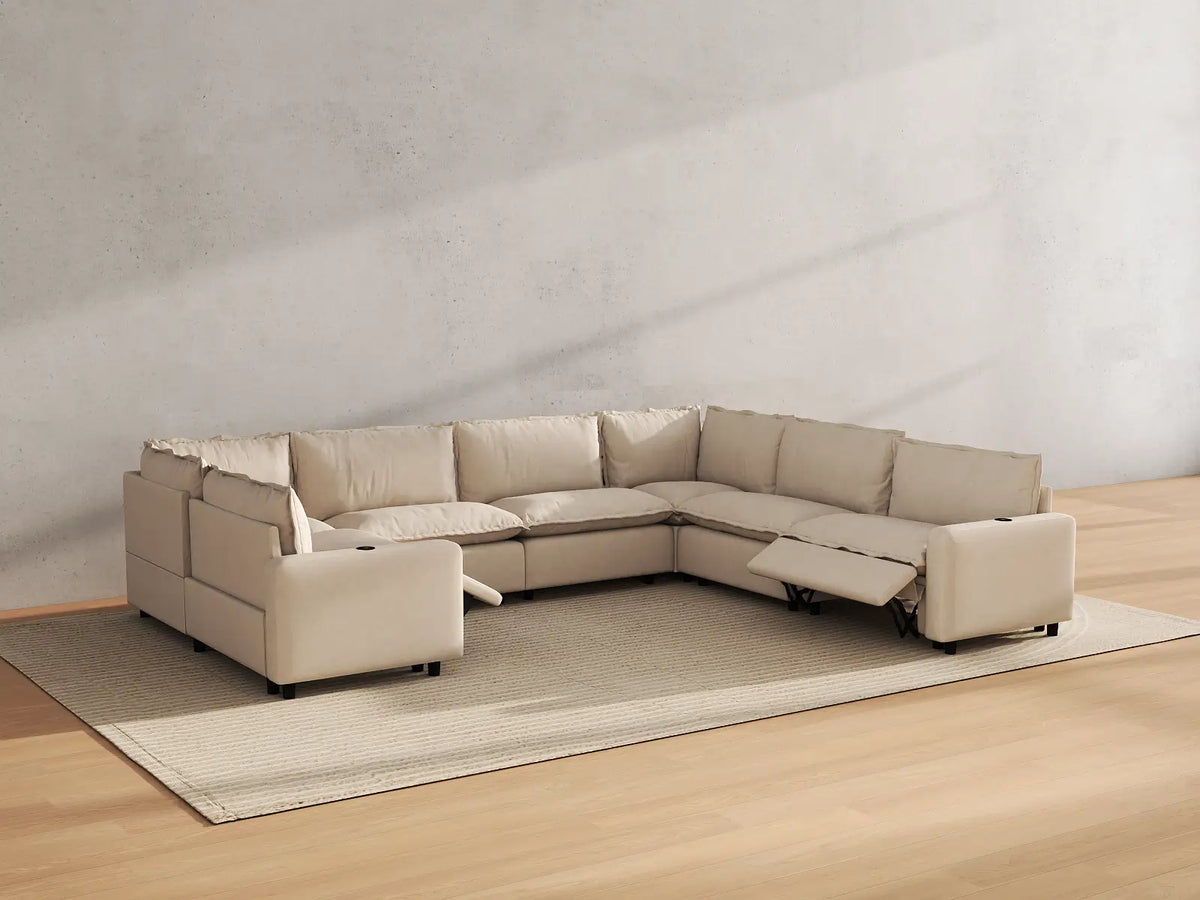 Modular Cero Reclining Sectionals | 7-Piece Beige Linen Large Space U-Shaped Sectionals 7-Seater