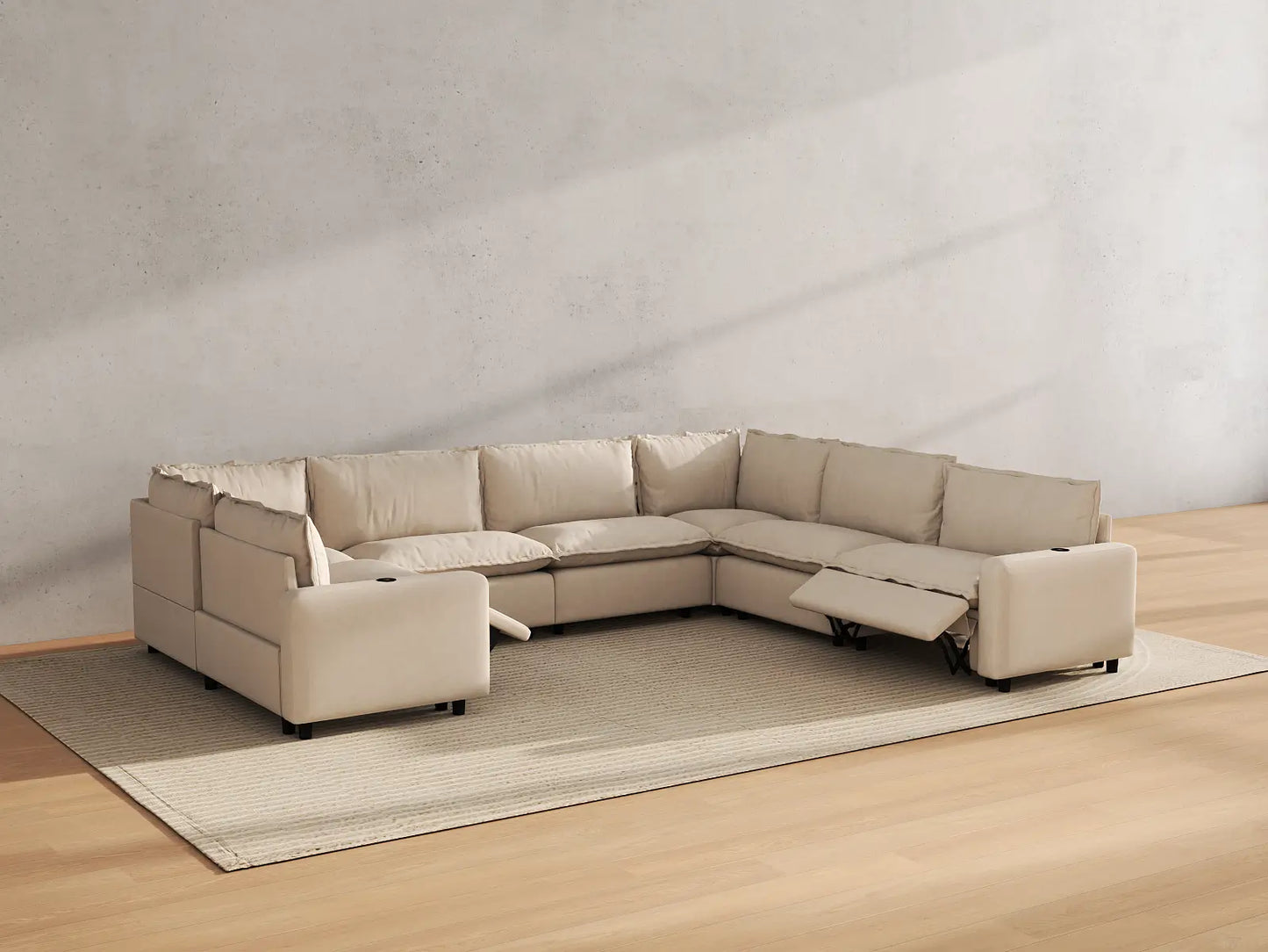 Modular Cero Reclining Sectionals | 7-Piece Beige Linen Large Space U-Shaped Sectionals 7-Seater