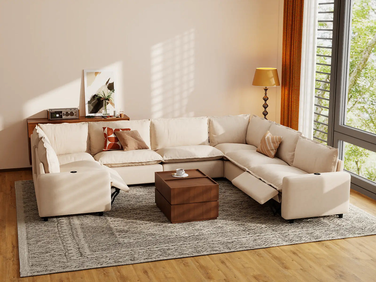 Modular Cero Reclining Sectionals | 7-Piece Beige Linen Large Space U-Shaped Sectionals 7-Seater