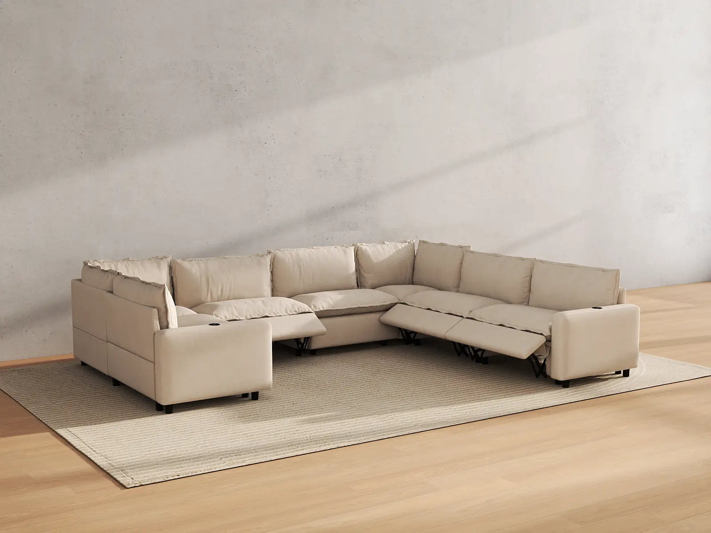 Modular Cero Reclining Sectionals | 7-Piece Beige Linen Large Space U-Shaped Sectionals 7-Seater