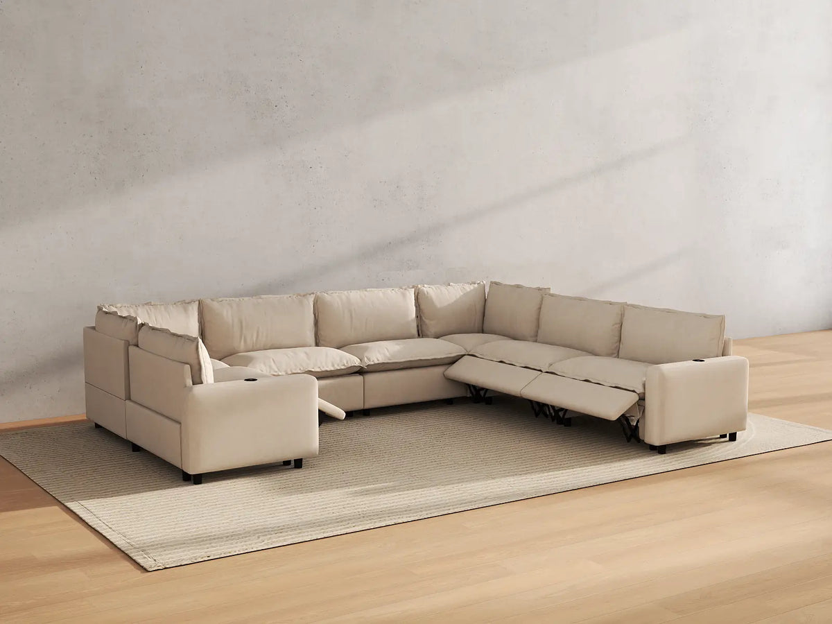 Modular Cero Reclining Sectionals | 7-Piece Beige Linen Large Space U-Shaped Sectionals 7-Seater
