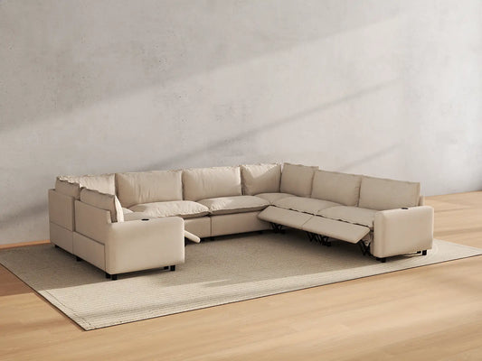 Modular Cero Reclining Sectionals | 7-Piece Beige Linen Large Space U-Shaped Sectionals 7-Seater